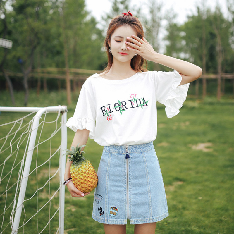 Embroidered 2023 Summer New Korean Style Women's Clothes Flared Sleeves Short-Sleeved T-shirt Women's Student Shirt Trendy One Piece Dropshipping