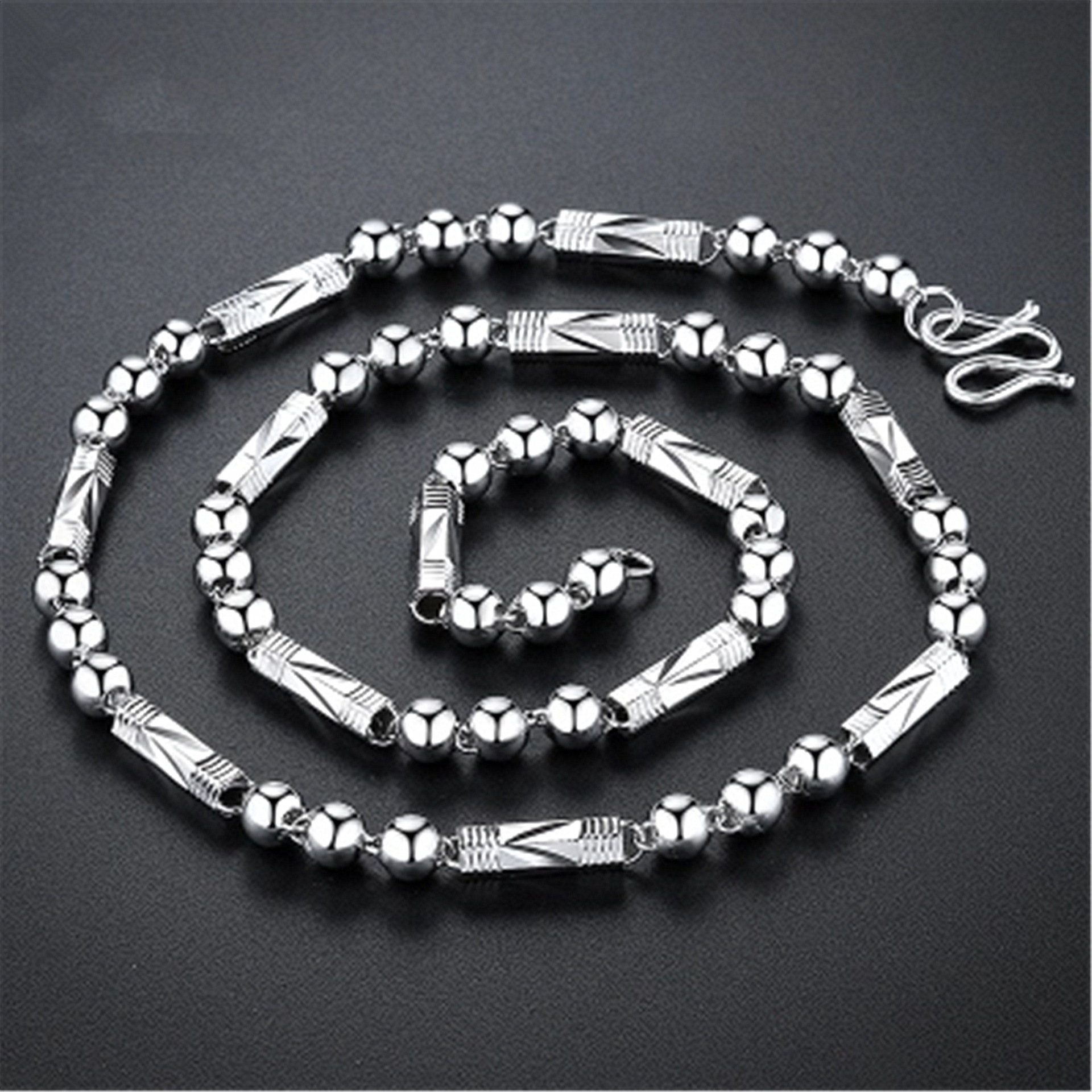 韩版经典银项链男士圆珠链六角筒三珠佛珠项链铜镀银链潮男霸气