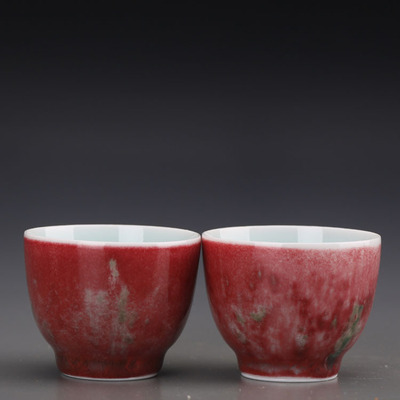 清康熙豇豆红一对对杯圆对杯仿古瓷器收藏品古董功夫茶杯茶具古玩