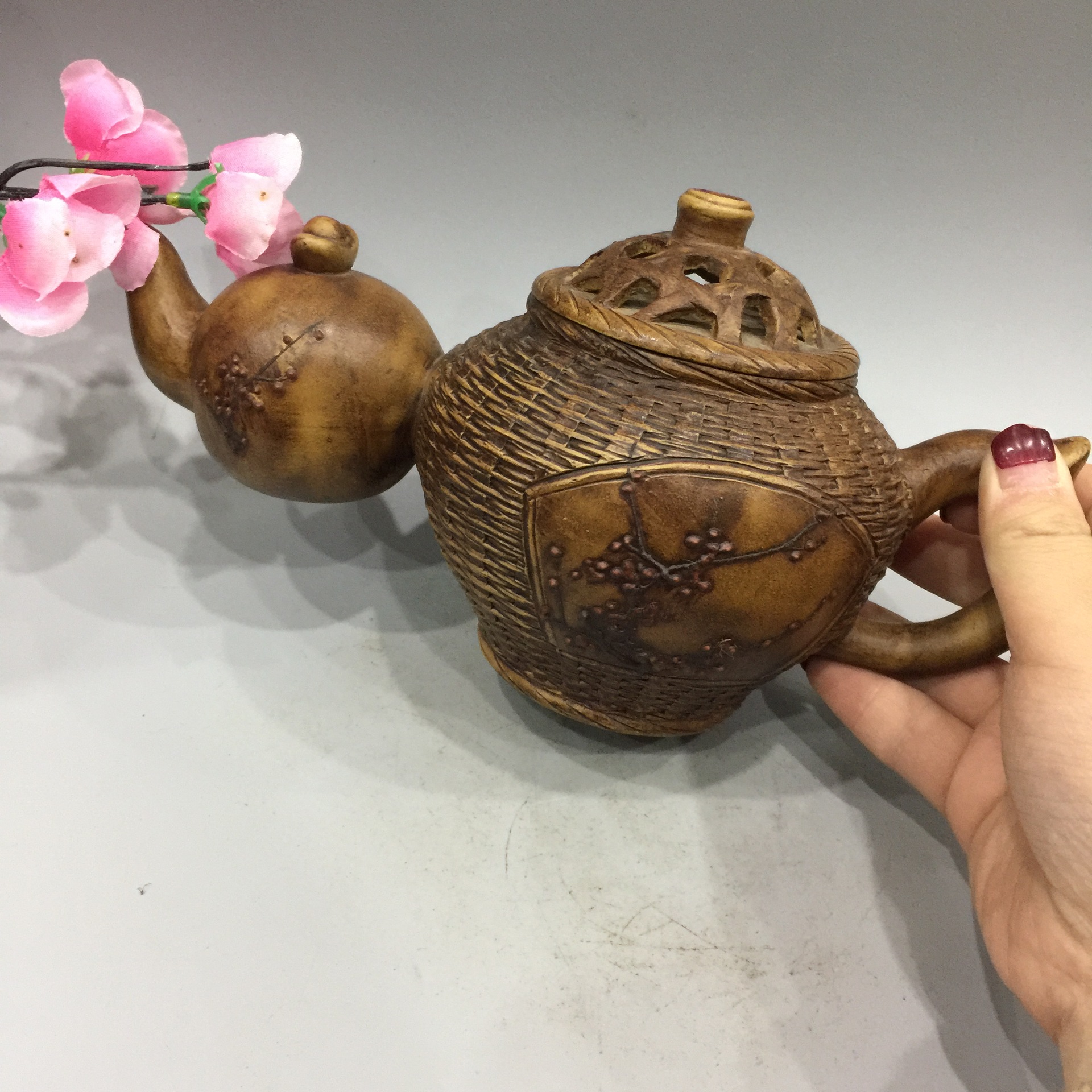 宜兴紫砂壶手工名人名作张国才制招财进宝壶竹编壶竹节镂空茶壶茶