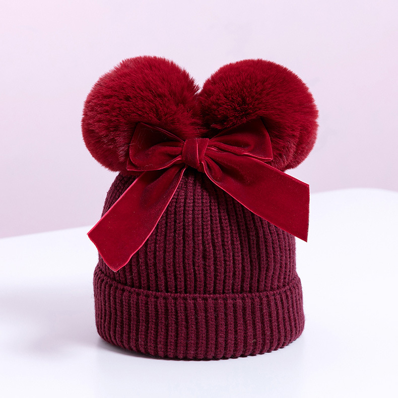 Double Ball Bowknot Cross-Border Preferred Baby Cap Wool Children's Hat Autumn and Winter Thickening Baby Hat Children's Knitted Hat