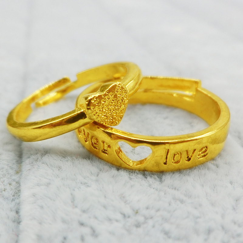 黄铜镀金时尚男女款对戒 情侣戒指 仿真金love心形戒指 饰品