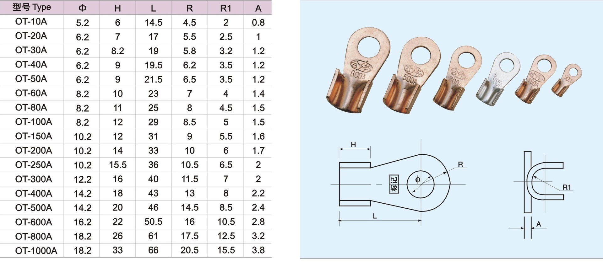 开口铜鼻子 ot-150a 开口端子 线鼻子 铜接头 加厚a级 纯铜开口鼻
