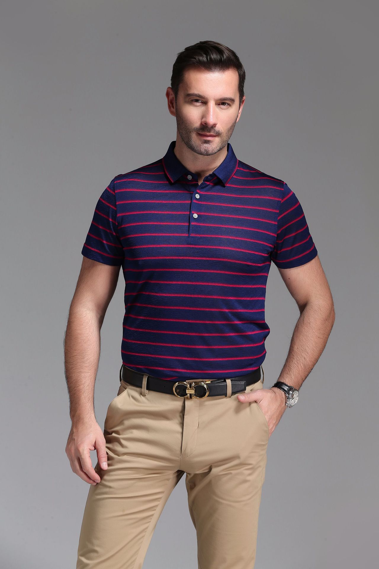 桑蚕丝2018夏季新款男士短袖条纹t恤polo衫商务休闲翻领t恤