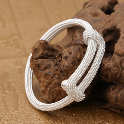 批发s925纯银饰品白色素银 银线编织个性手工男女手镯 调节手环