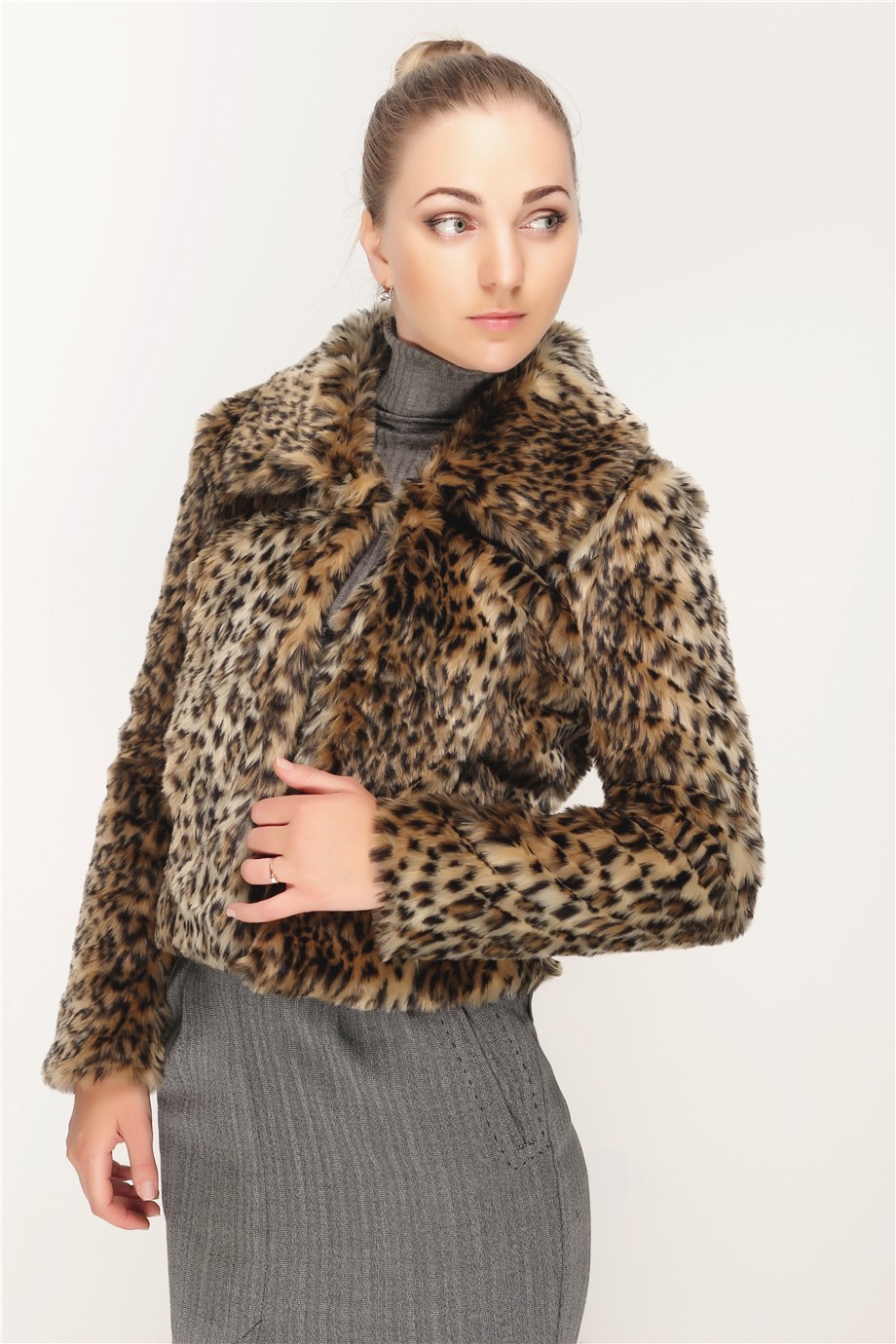 2020欧美皮草外套短款人造毛皮草女上衣豹纹翻领长袖皮草外套