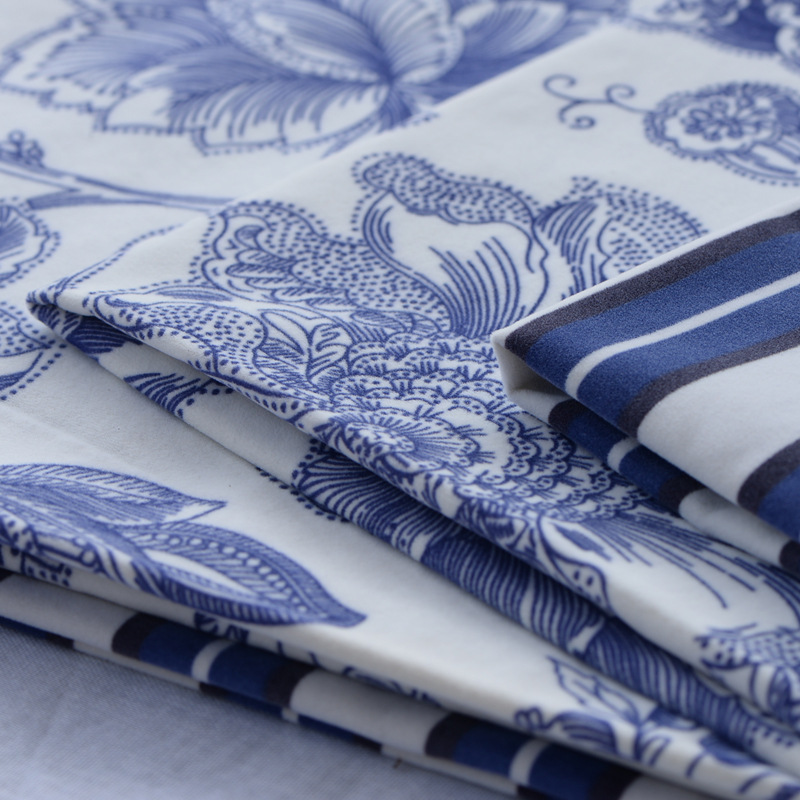 厂家面料直销 青花瓷条纹印花尼龙沙发植绒布单面防水短毛绒布料