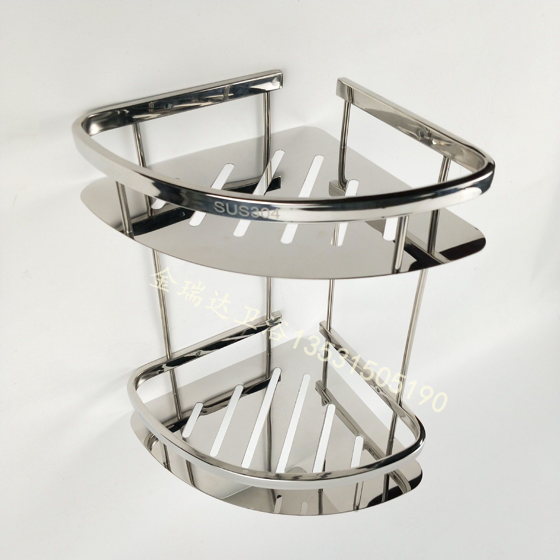 一件代发304加厚不锈钢三角架亮光双层转角角篮 酒店卫生间置物架