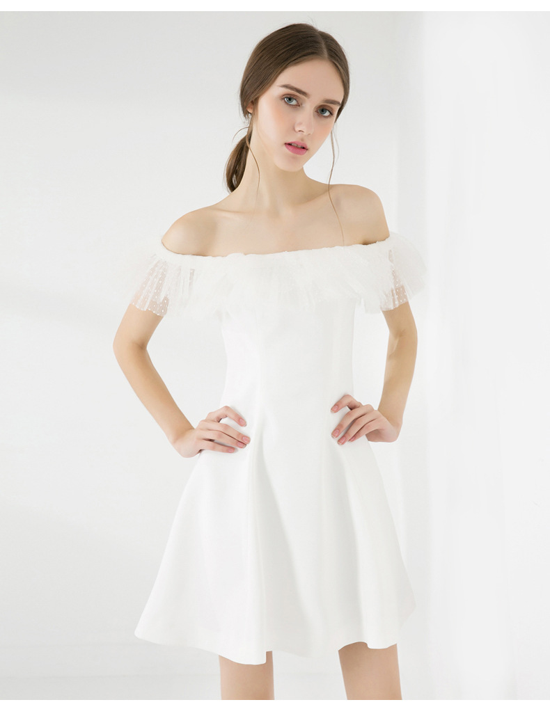 2018夏装新款欧美女装白色小礼服裙网纱拼接一字领露肩连衣裙