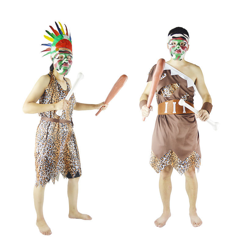 野人服装原始人 非洲野人印第安人衣服 男女豹纹土著人猎人演出服