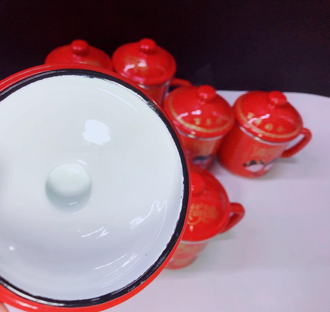 搪瓷包边喜庆大红盖杯喜结良缘搪瓷双喜杯 喜庆礼品搪瓷杯婚庆用