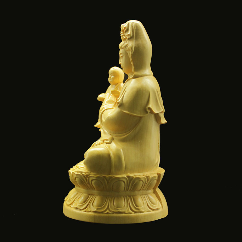 黄杨木雕送子观音菩萨佛像佛堂供奉童子观音实木人物雕刻手工艺品
