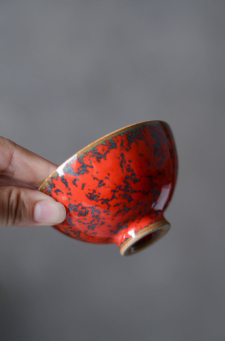 景德镇手工魅红战国红陶瓷小茶杯茶盏建盏主人杯品茗杯斗笠个人杯