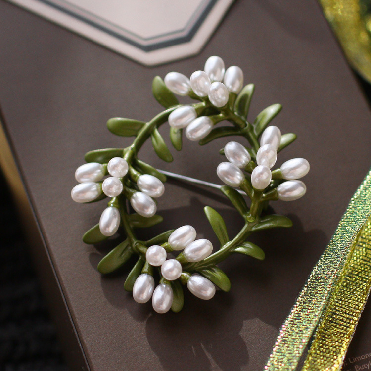 时尚女士桃金娘花环人造珍珠淡水珍珠绿色复古夸张胸针胸花brooch