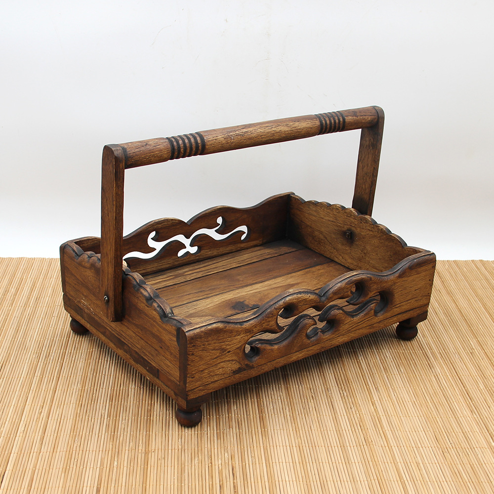 泰式实木雕刻花篮 家居客厅木质摆件 水果蔬菜木制收纳篮工艺品