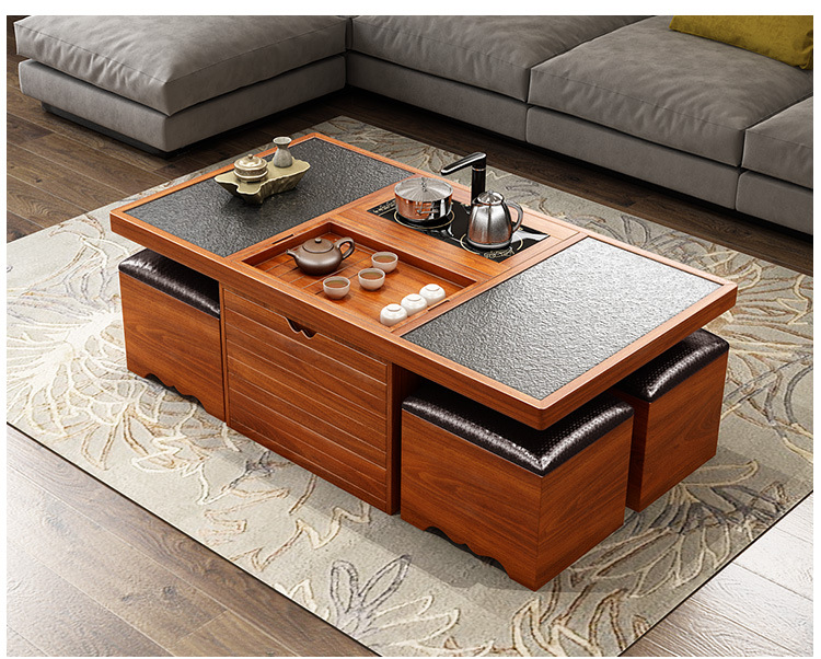 功夫茶几现代中式火烧石茶几大理石泡茶桌烤漆茶台加高多功能茶台