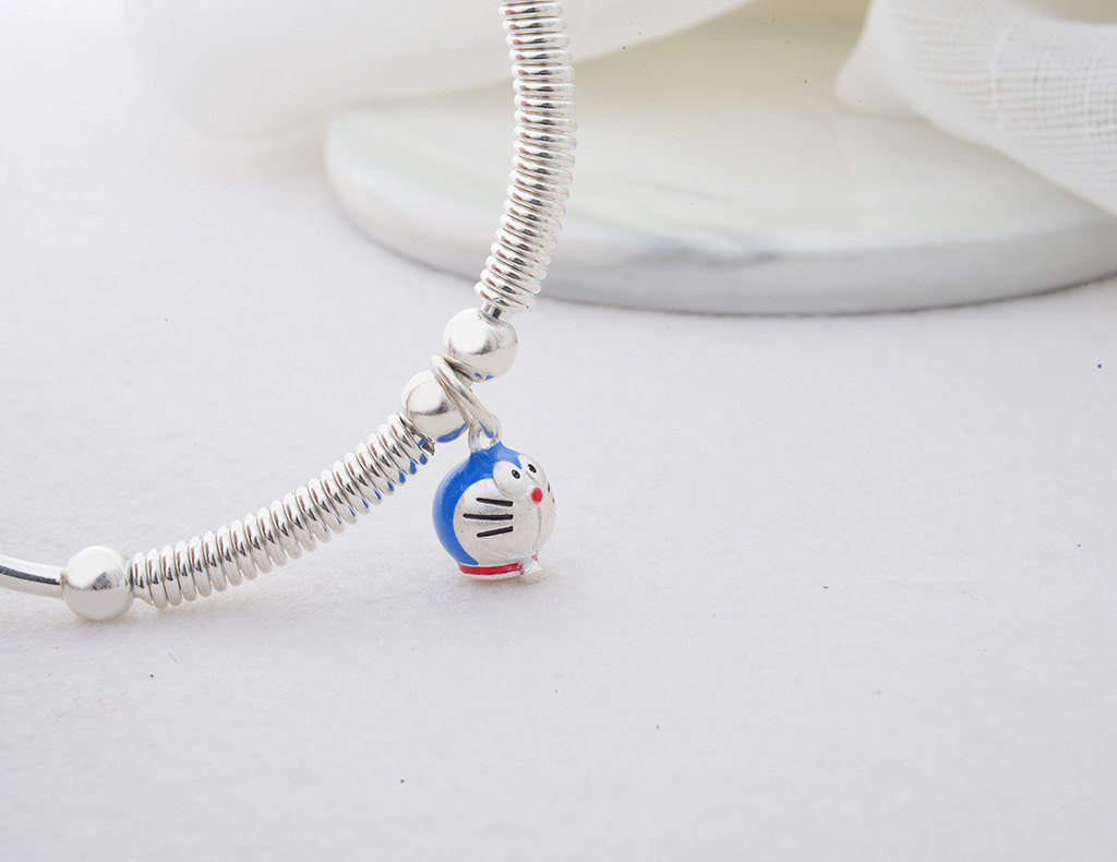 纯银卡通儿童手镯s990足银哆啦a梦机器猫叮当宝宝推拉手环饰品