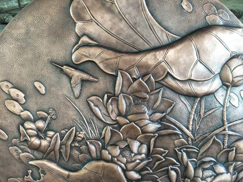 紫铜浮雕|手工锻造莲花|錾铜立体画|家居装饰画|定制作|纯铜画