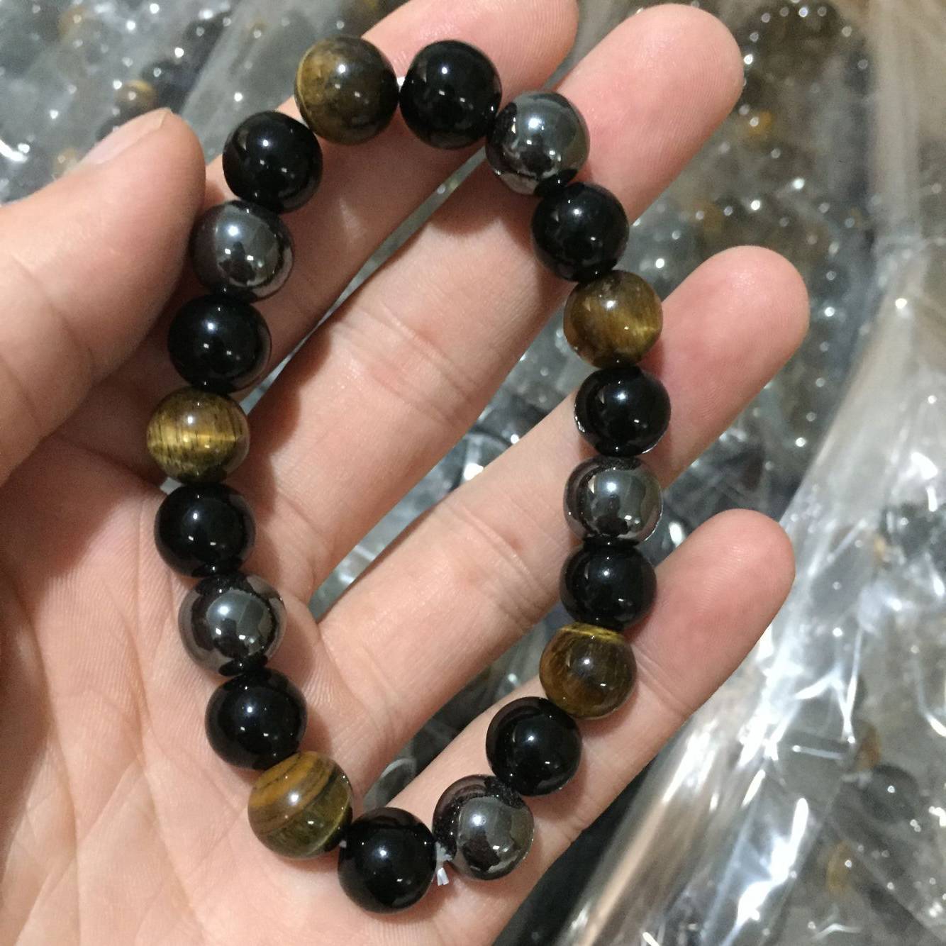 10mm虎眼石黑玛瑙石头珠子手串手链弹力男士魅力手镯饰品