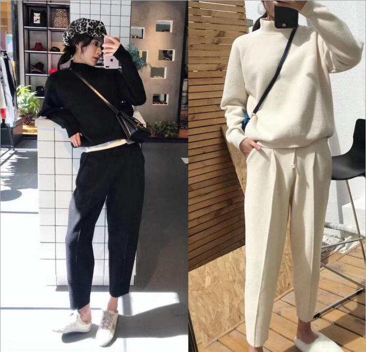 春款新款 时尚休闲两件套白色针织羊毛套装女上衣毛呢哈伦裤九