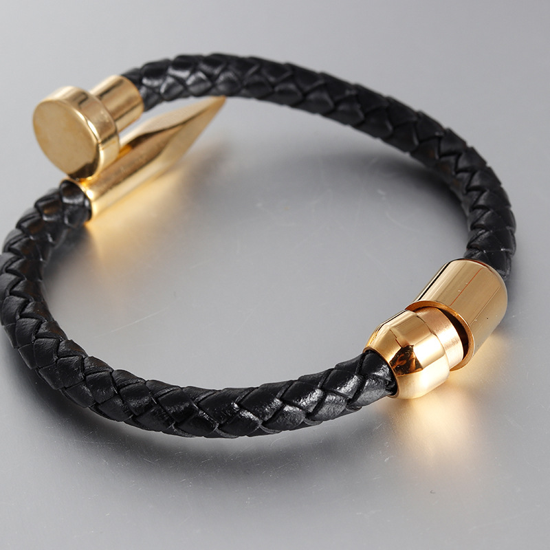 欧美皮绳不锈钢钉子手链编织真皮不锈钢手镯手工编织情侣首饰潮流