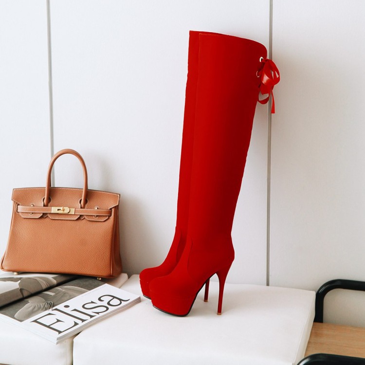性感红色长靴绒面拉链夜店过膝靴子女细高跟防水台骑士靴秋冬新款
