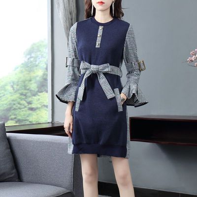 2018秋冬新款名媛小香风圆领喇叭袖针织拼接格纹系带连衣裙188505