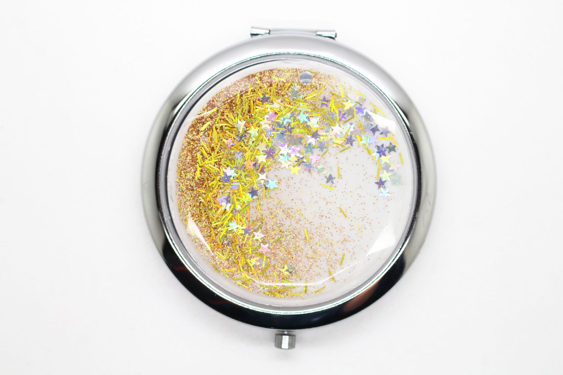 厂家直销 金属圆形流沙含金粉亮片双面豪华折叠化妆镜 可定制