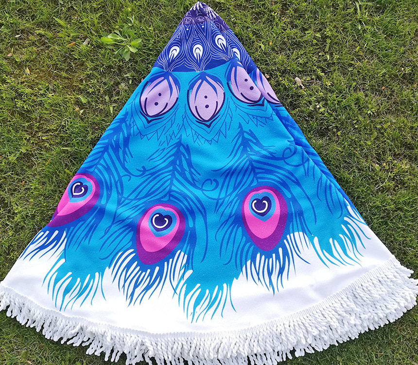 定制超细纤维沙滩巾浴巾创意孔雀开屏印花方形巾四季毛巾带流苏