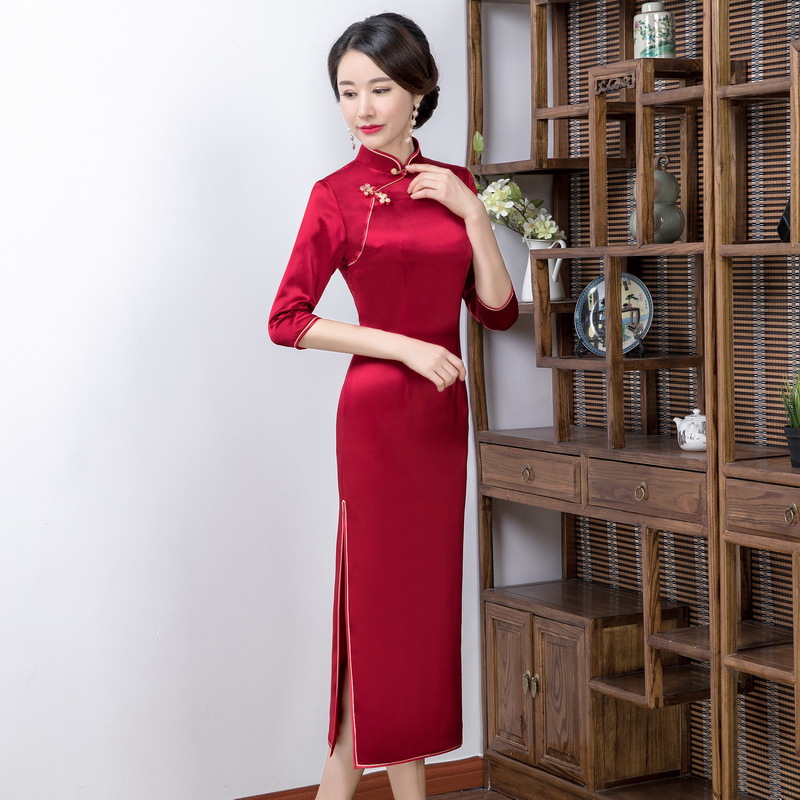 hongyun embroidered acetate new cheongsam dress improved slim-fitting retro cropped sleeves long women‘s wedding toast plus size