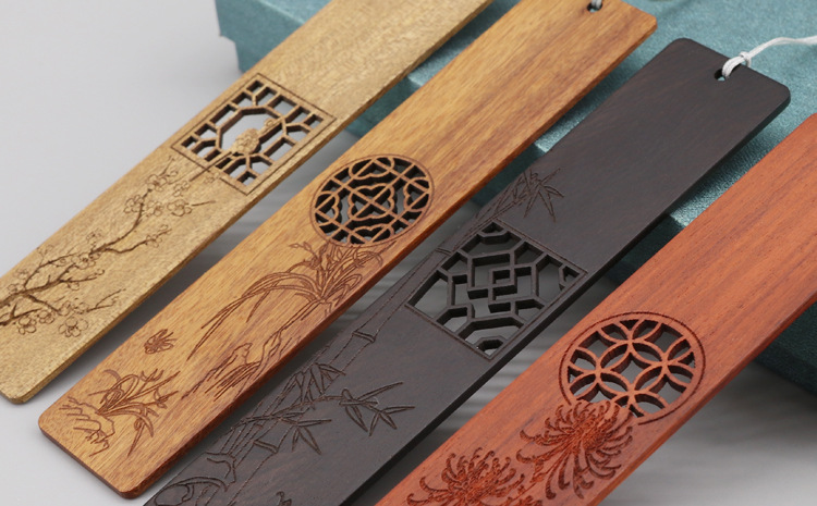 窗格梅兰竹菊木质书签 中国风古典红木流苏简约古风书签 定制刻字