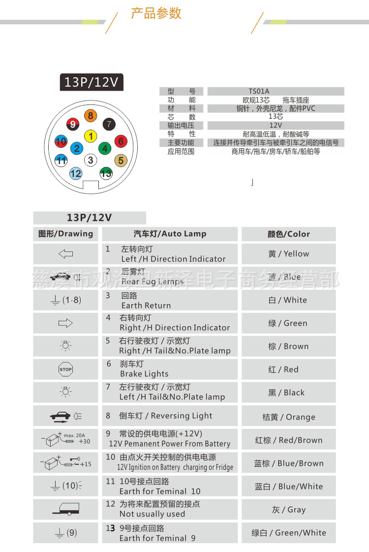 欧洲英国13芯孔插座转7心拖车电源插头 欧式转向刹车尾灯线束接口