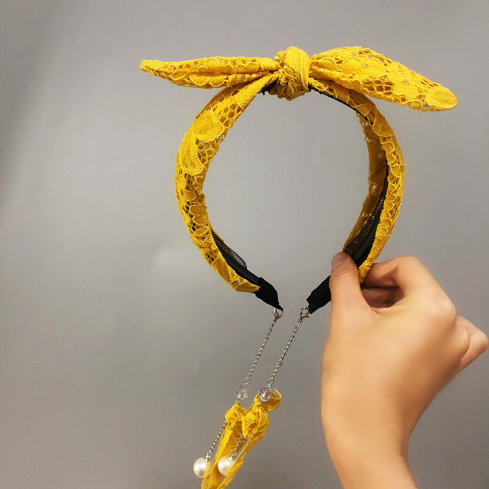 b079蕾丝网纱带铁丝兔耳朵大蝴蝶结发箍 甜美气质宽边假耳环发饰