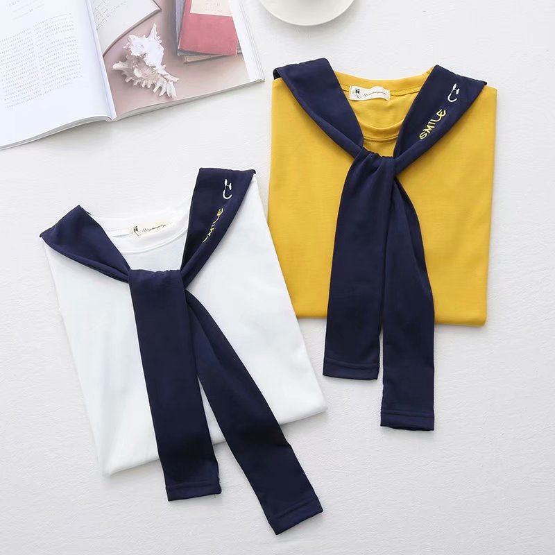 2018年夏季新款 清新百搭海军领刺绣前短后长休闲宽松棉质t恤女