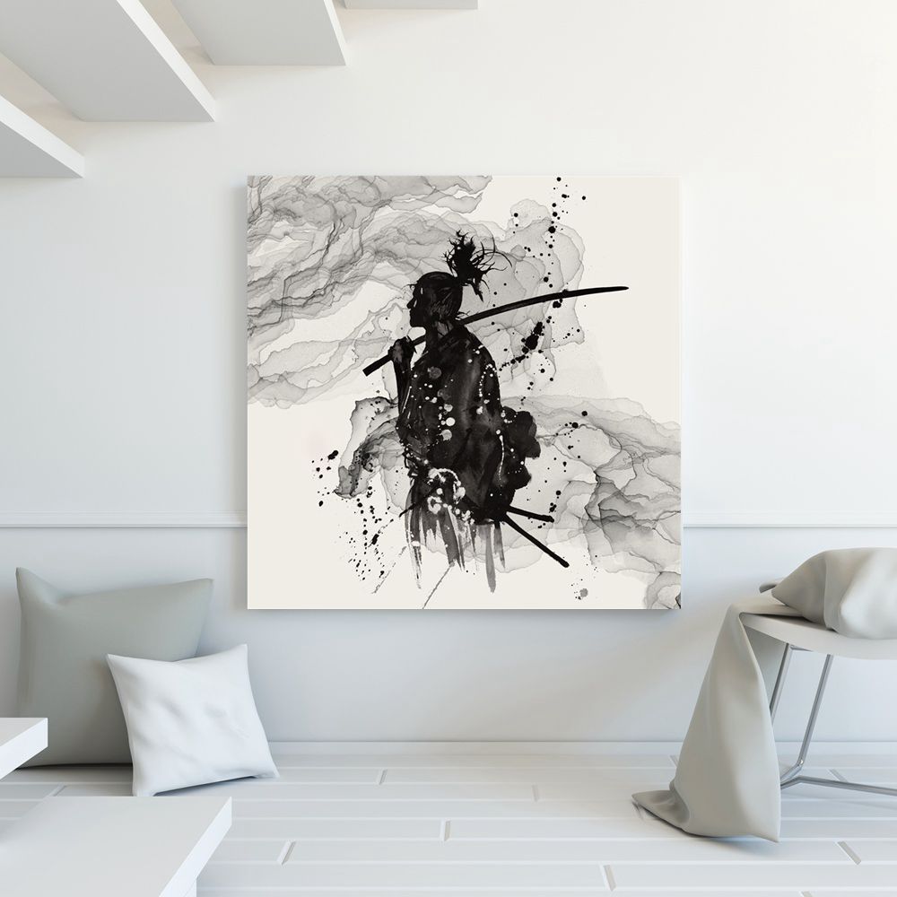 黑白日本武士水墨画喷印玄关装饰画一件代发日式喷绘画wish新款