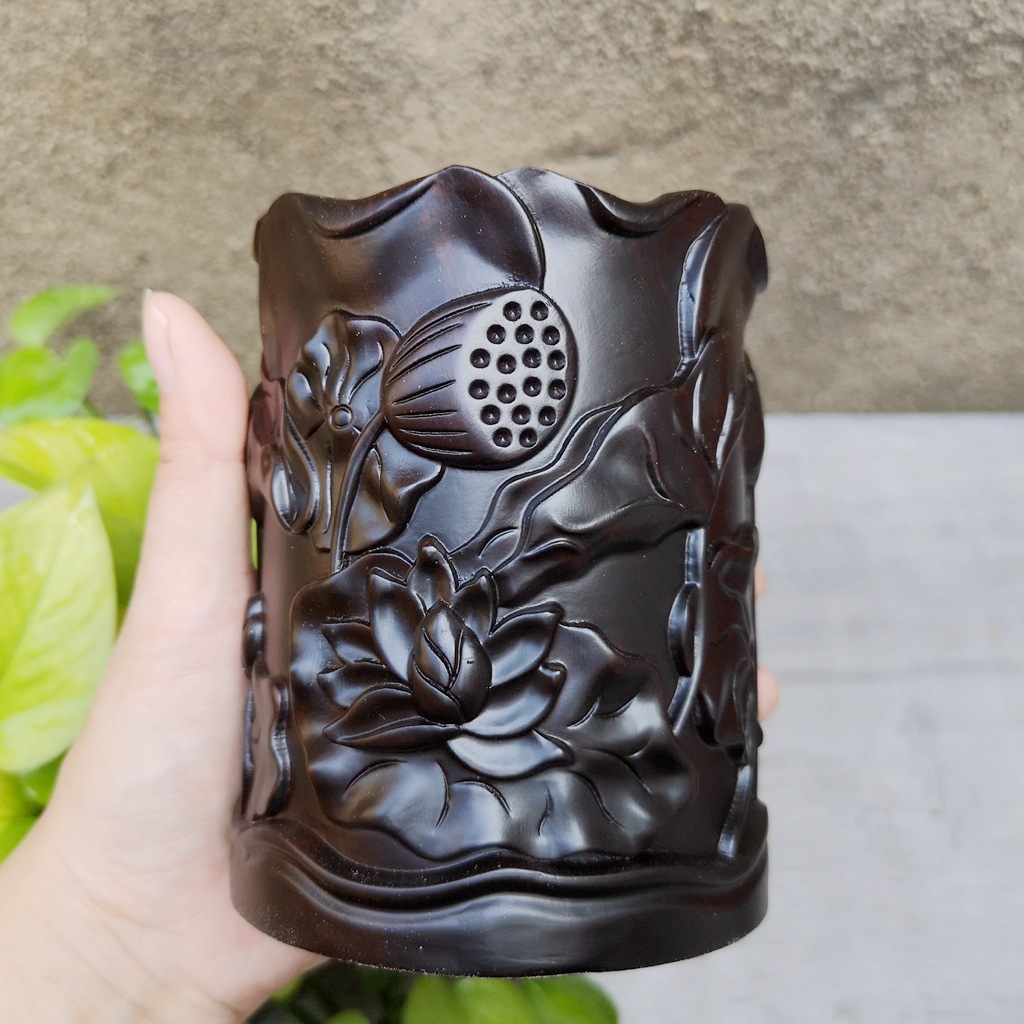 黑檀荷花笔筒 实木笔筒 红木精雕笔筒批发定制加工