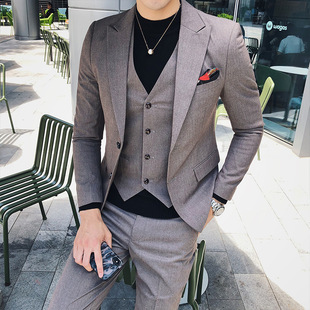 新款潮流西装三件套西服套装男英伦绅士发型师新郎结婚礼服正装