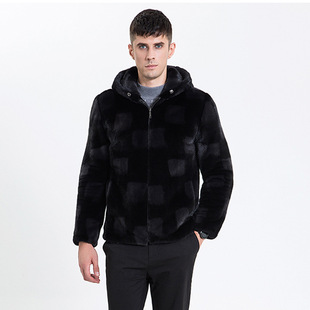 进口丹麦貂天鹅绒 佟二堡男装貂皮大衣连帽 水貂皮草男款裘皮大衣