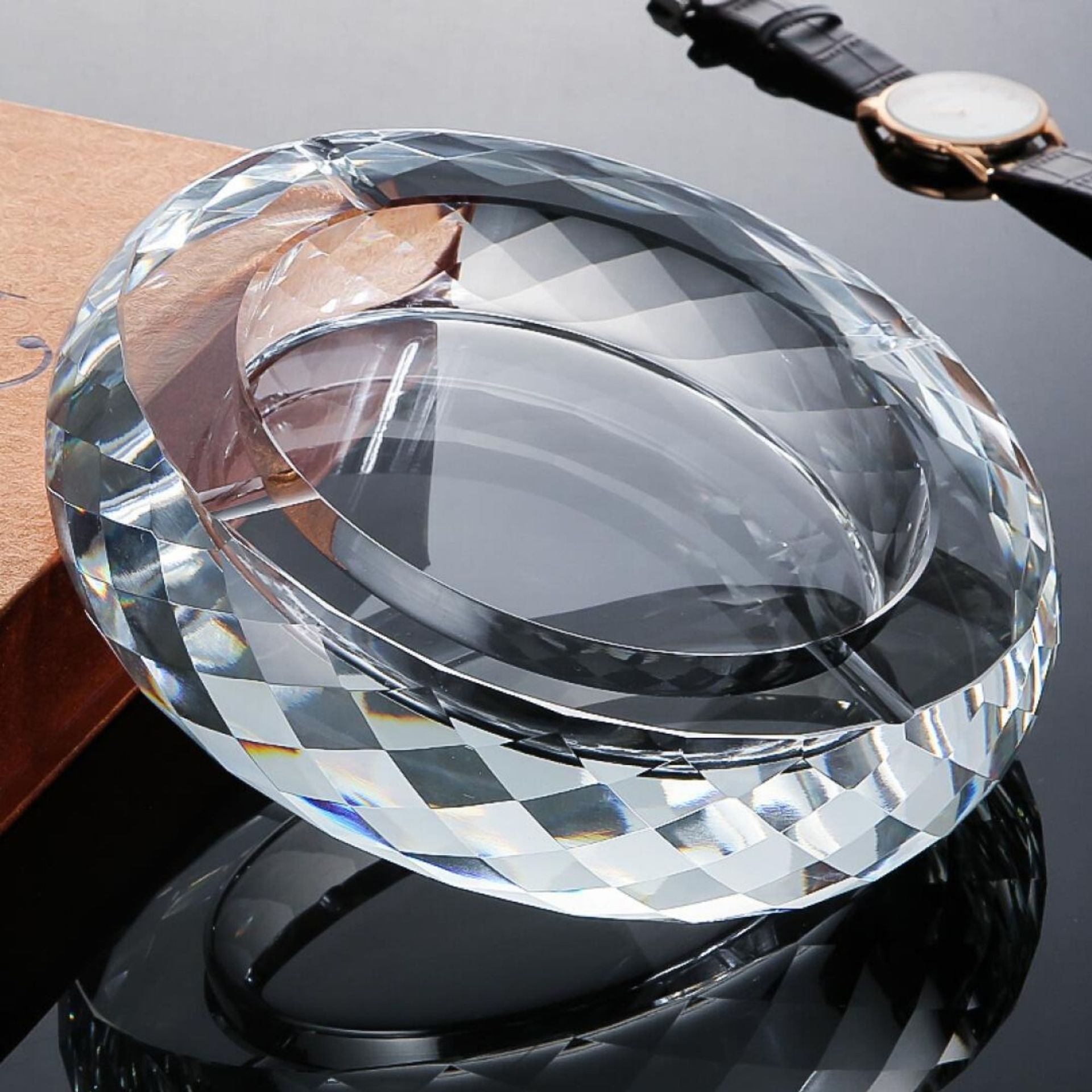 圆形菠萝面水晶玻璃烟灰缸礼盒摆件欧式现代简约办公室客厅