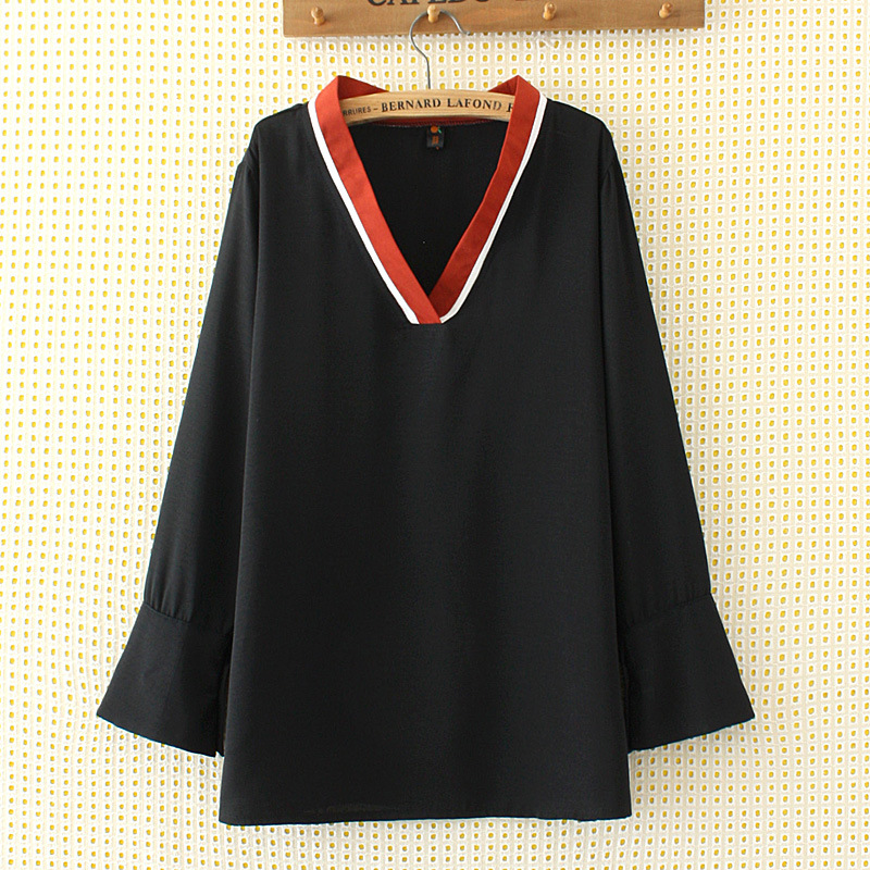 大号胖妹妹2018春季新款韩范时尚v领相色马蹄袖上衣女宽松显瘦t恤