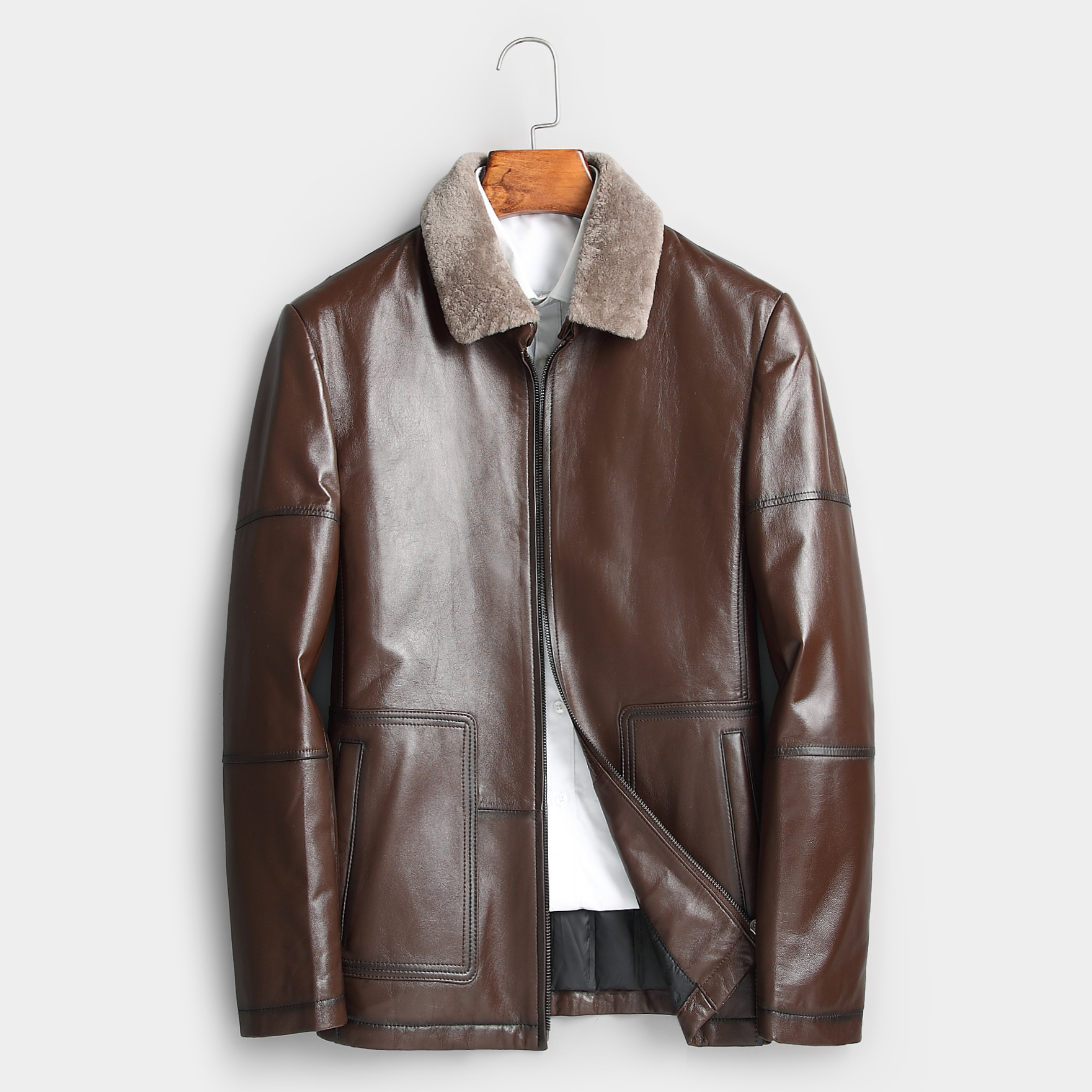 男士真皮衣皮 2019新款冬季海宁草绵羊皮羽绒翻领休闲 商务外套