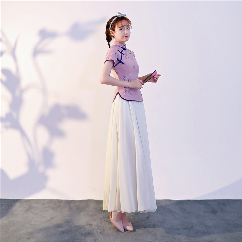 春夏新品碎花棉麻改良旗袍上衣 中国风旗袍套装日常少女风旗袍