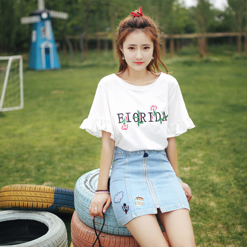 Embroidered 2023 Summer New Korean Style Women's Clothes Flared Sleeves Short-Sleeved T-shirt Women's Student Shirt Trendy One Piece Dropshipping