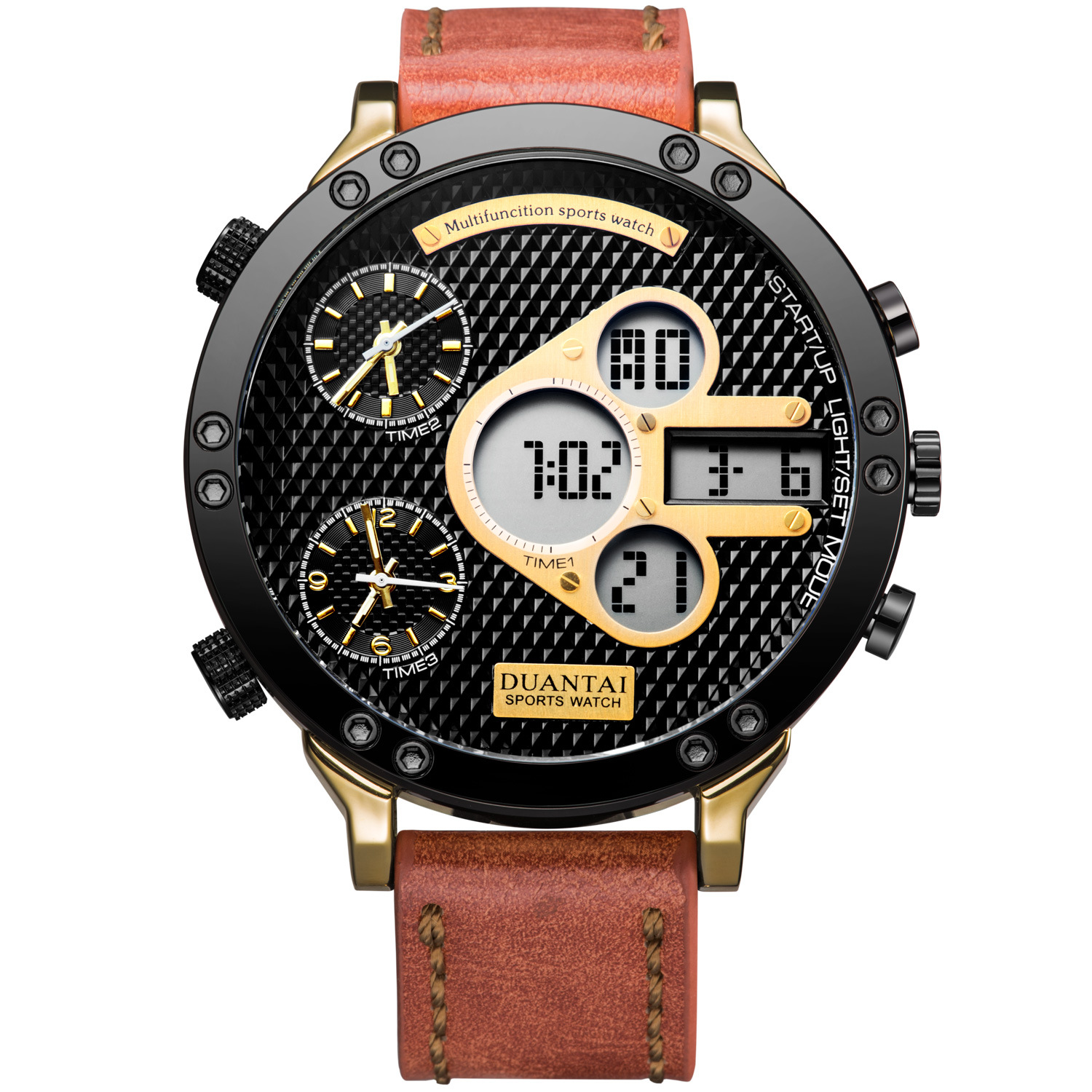 duantai厂家超大表盘霸气军表双机芯双显夜光运动表多