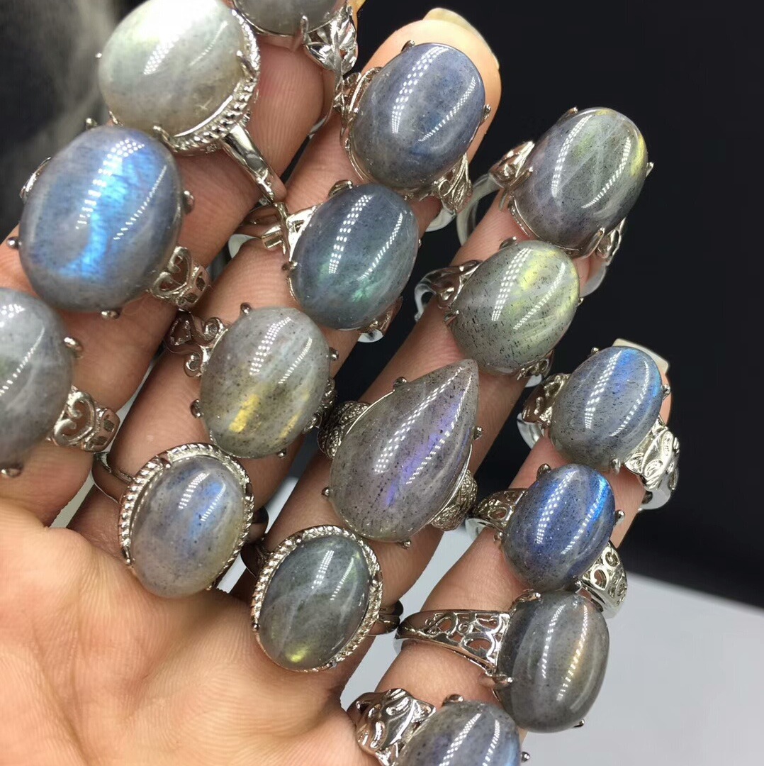 天然灰月光石大戒面戒指 铜镀镶嵌戒指  带活口月光石戒指