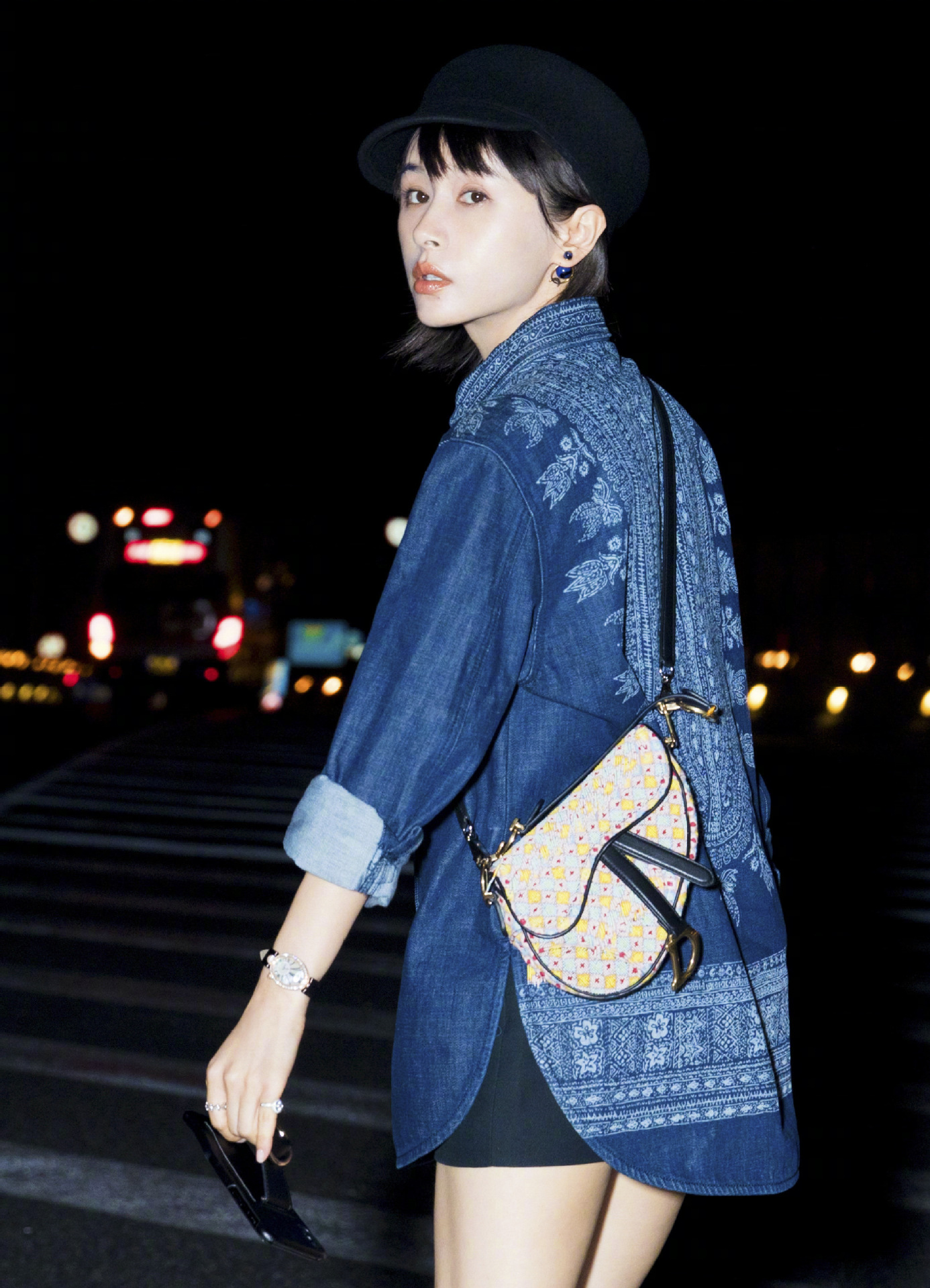 现货2020早秋新款王子文明星同款宽松长款印花牛仔衬衫潮