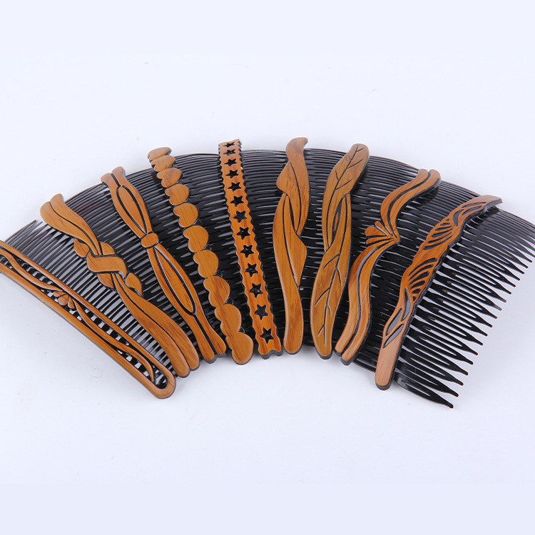 13. 5cm Plastic Wood Grain Hollow Pentagram Bow Hair Comb Korean Style Fashionable Retro Hair Comb for Moms