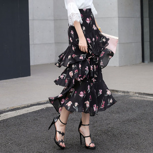 瑟希碎花雪纺半身裙批发荷叶边蛋糕裙大摆中长裙一件代发730-1