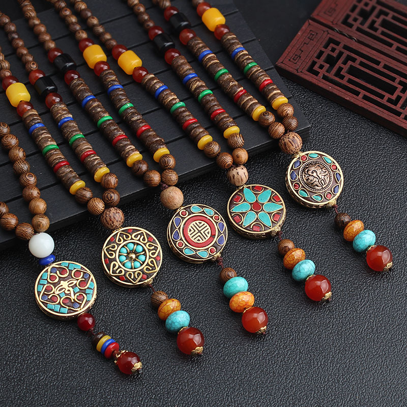 All-Match Ethnic Sweater Chain Long Retro Necklace Female Nepal Pendant Wooden Bead Pendant Scenic Spot Accessories Factory