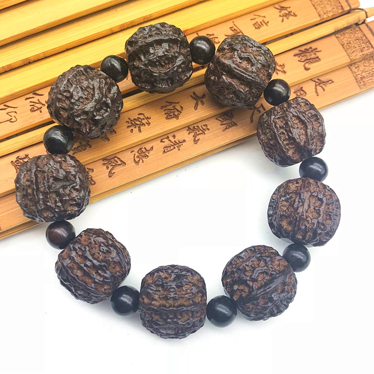 沙尘木雕刻手串 越南沉香木四面佛头桃核2.0木质男士黑色手链